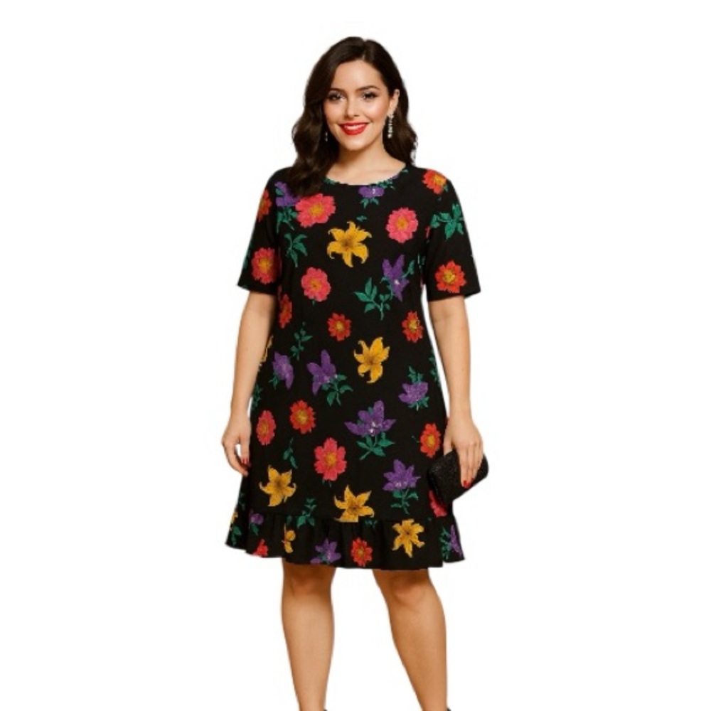 Vintage Liz‎ Claiborne Black Floral Ruffle Hem Dress Short Sleeve Size 12